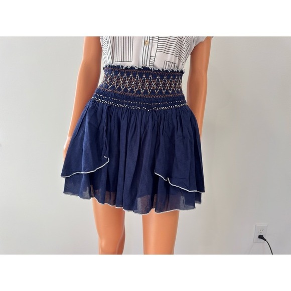 Free People Navy Blue Smocked Embroidered Tiered Ruffle Mini Skirt Boho Womens - Picture 2 of 11